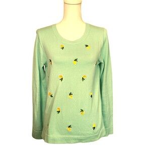 J. Crew Teddie Sweater Light Green w/ Lemons Embroidered Front Womens Size Small